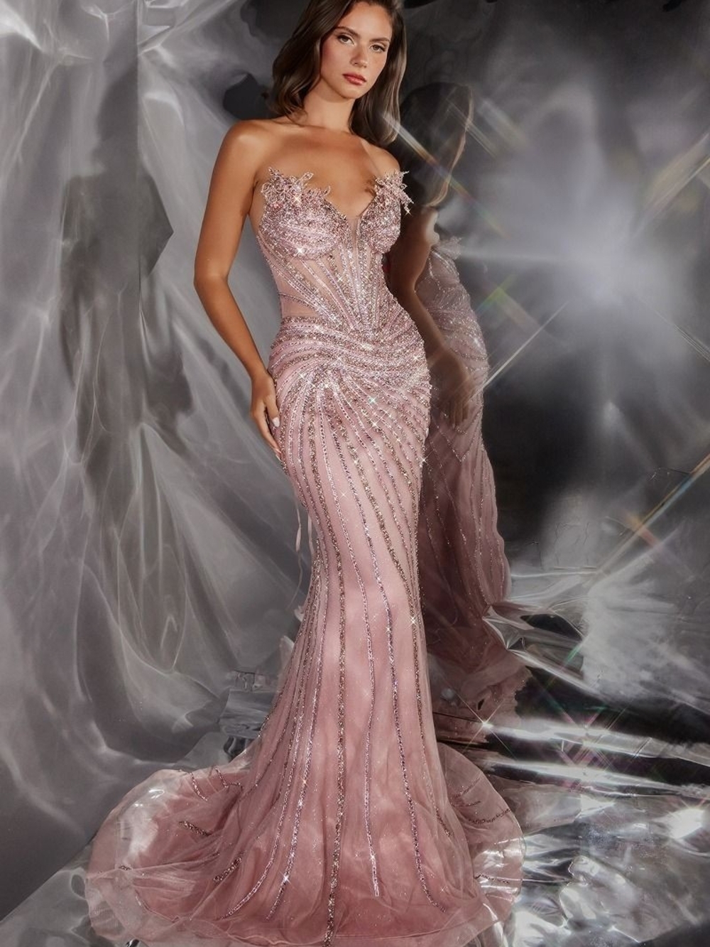 Gold Strapless Sequin Mermaid Evening Gown - Picture 4 of 4